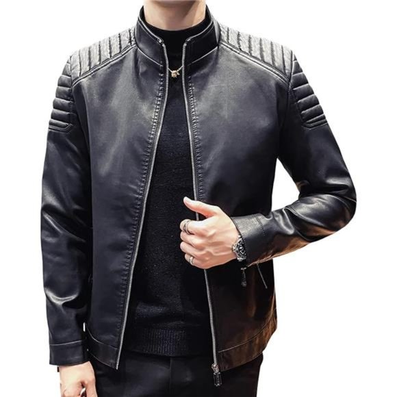 Men's Casual Stand Collar Slim Fit Faux Leather Jacket Biker - Main Image